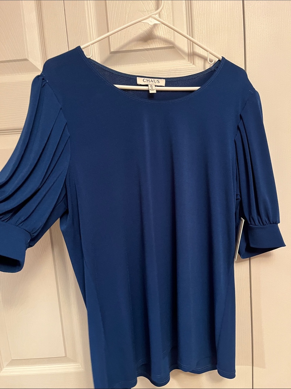 Chaus Blue Pleated Elbow-Sleeve Blouse